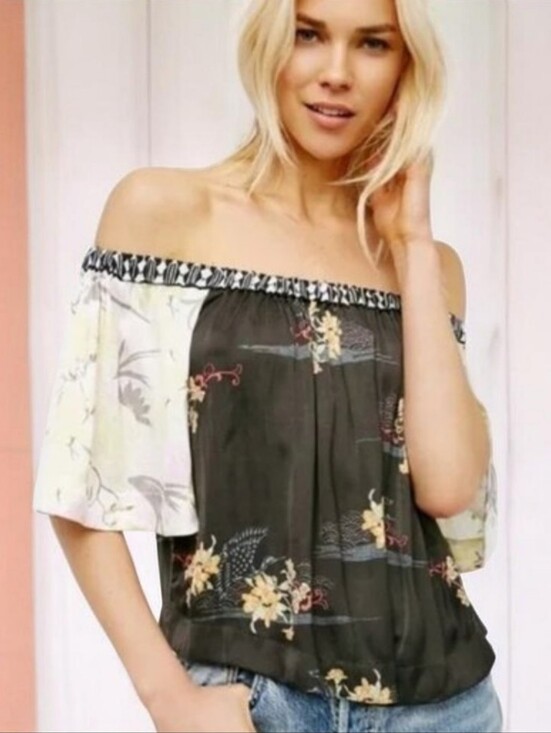 Free People Tops - Free People Rockin Rochelle Silky Off-Shoulder Floral Blouse